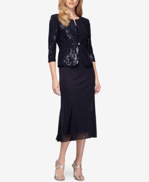 Женская куртка Alex Evenings Petite Sequined Midi Dress and Jacket, цвет: Тёмно-синий