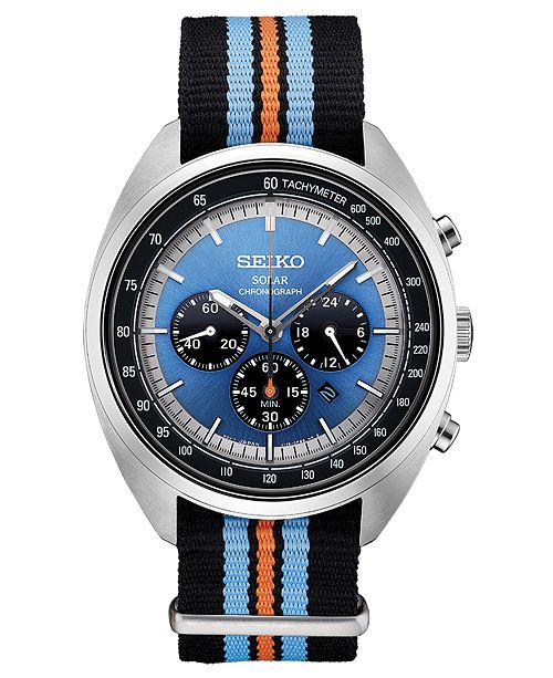 Seiko Men S Solar Chronograph Recraft Series Black Orange Blue Nylon Strap Watch 43 5mm Reviews All Fine Jewelry Jewelry Watches Macy S