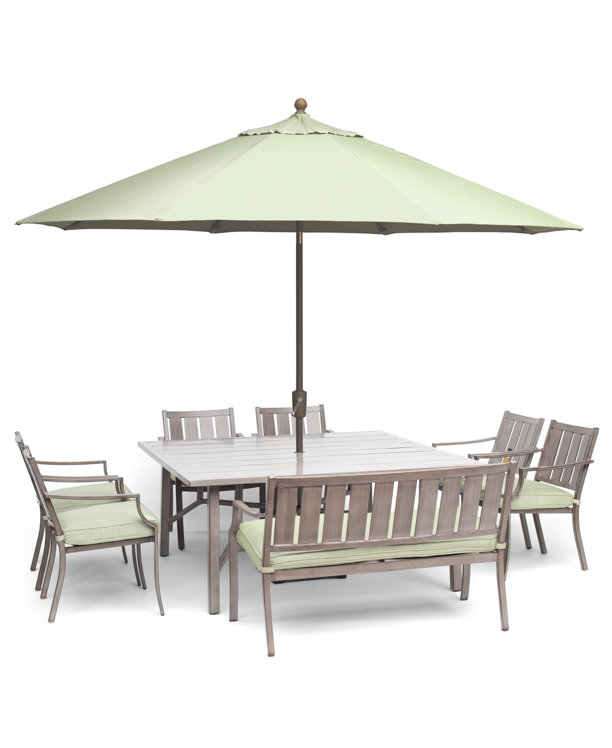 AGIO WAYLAND OUTDOOR ALUMINUM 8-PC. DINING SET (64" SQUARE DINING TABLE, 6 DINING CHAIRS & 1 BENCH) WITH  