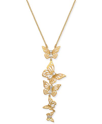 Touchstone Gold Plated Butterfly Lariat Pendant Necklace For Women With Rhinestones