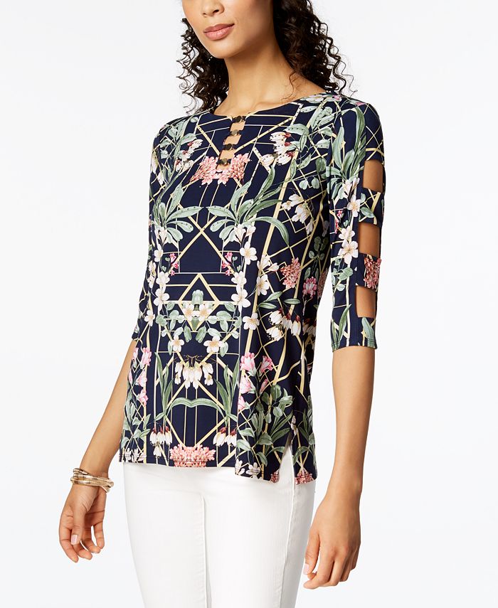 JM Collection Petite Printed Lattice-Sleeve Tunic, Created for Macy's ...