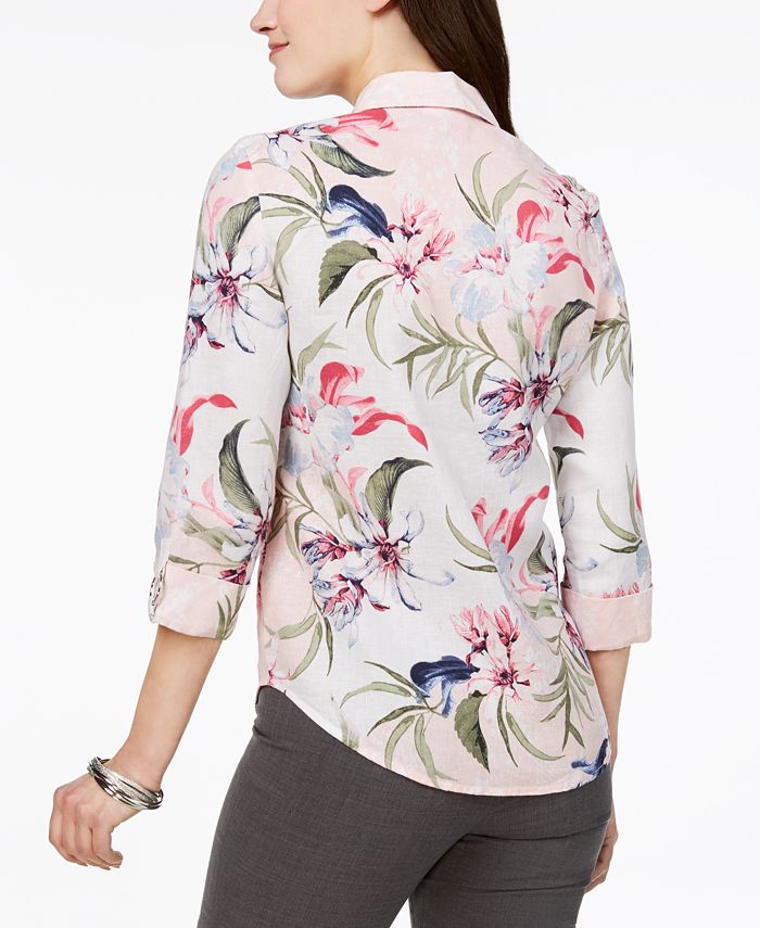 JM Collection Womens Printed Roll Tab Sleeve Top