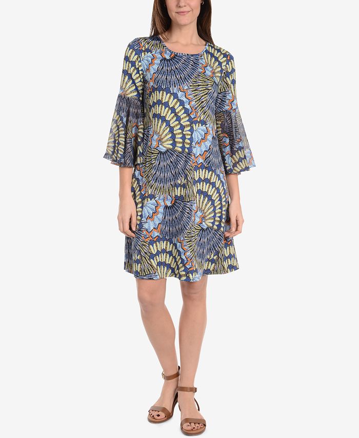 NY Collection Printed Bell-Sleeve Dress - Macy's