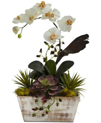 Nearly Natural - Orchid & Succulent Garden with White-Washed Planter