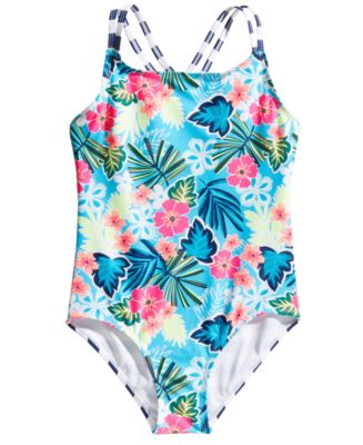 Breaking Waves 1-Pc. Tropical-Print & Striped Swimsuit, Little & Big ...