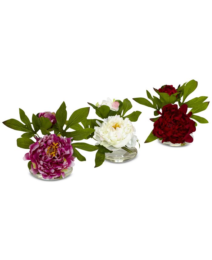 Nearly Natural - 3-Pc. Peony Set with Glass Vases
