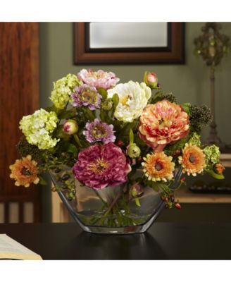 Peony Flower Arrangement with Glass Vase 