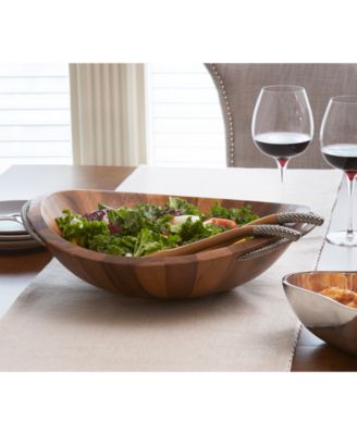 Nambe Braid 20" 3 piece Wood Salad Bowl with Servers