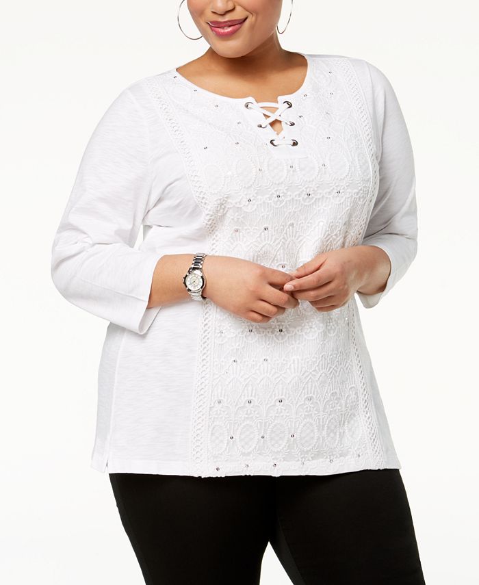 JM Collection Plus Size Cotton Peasant Top, Created for Macy's - Macy's