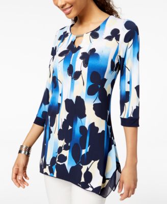 JM Collection - Floral-Print Keyhole Tunic