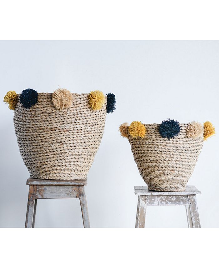 3R Studio Natural Seagrass Baskets with Yellow & Black Pom Poms, Set of