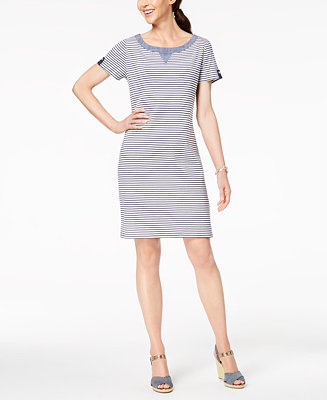 Karen Scott Striped Chambray-Trim Dress, Created for Macy's - Macy's