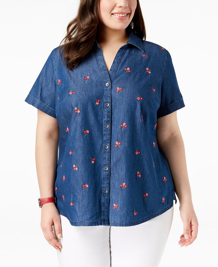 Karen Scott Plus Size Cotton Denim Embroidered Shirt, Created for Macy ...