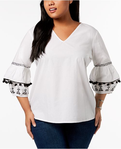 NY Collection Plus Size Cotton EmbellishedSleeve Peasant Blouse