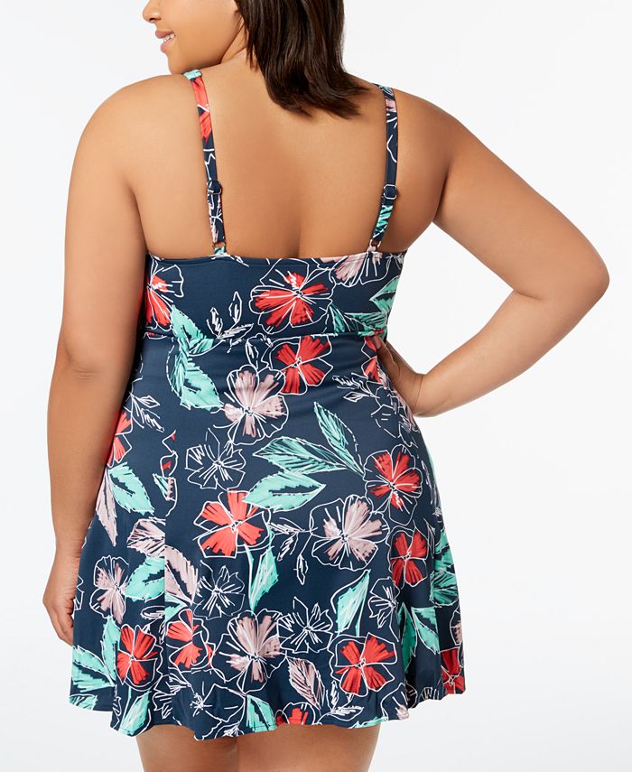 Swim Solutions Plus Size Sketch Printed Bow-Front Tummy Control ...