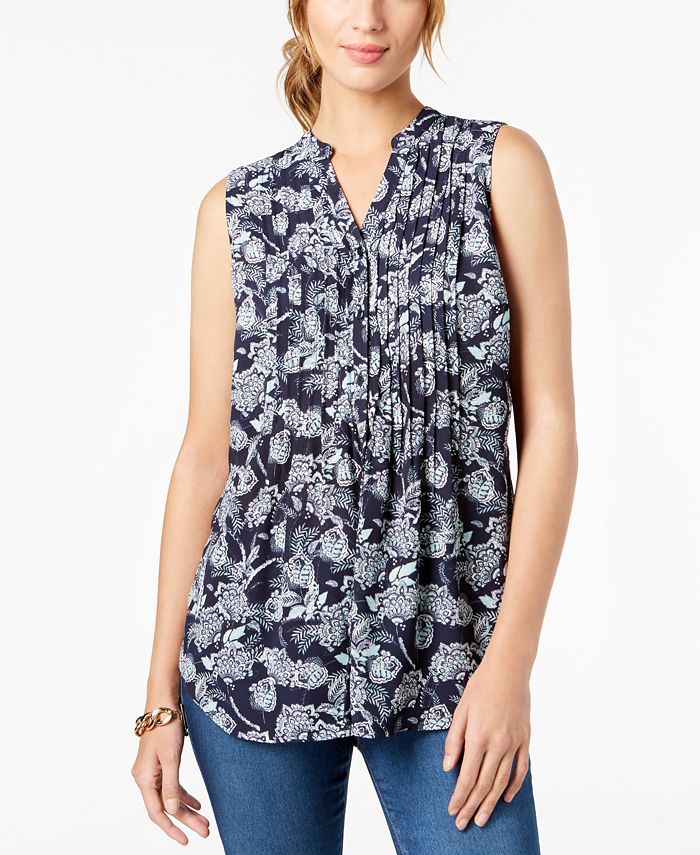 Charter Club Sleeveless Pleated Printed Shirt, Created for Macy's
