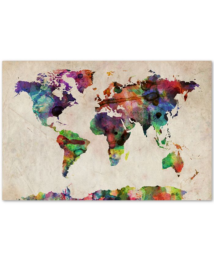 Trademark Global - Michael Tompsett 'Urban Watercolor World Map' 16" x 24" Canvas Art Print