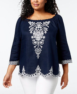 Charter Club Linen Plus Size Embroidered Peasant Top, Created for Macy ...