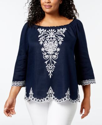 Charter Club Linen Plus Size Embroidered Peasant Top, Created for Macy ...