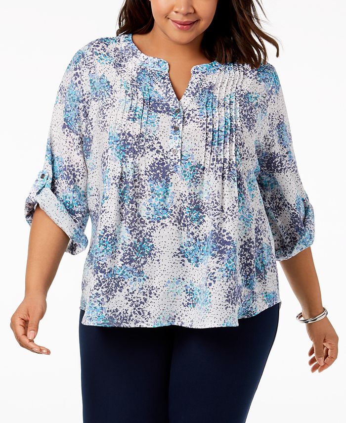 NY Collection Plus Size Printed Pintuck Top - Macy's