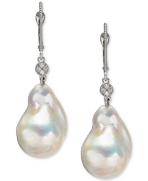 image of Cultured Baroque Freshwater Pearl (13mm) & Diamond Accent Drop Earrings in 14k White Gold