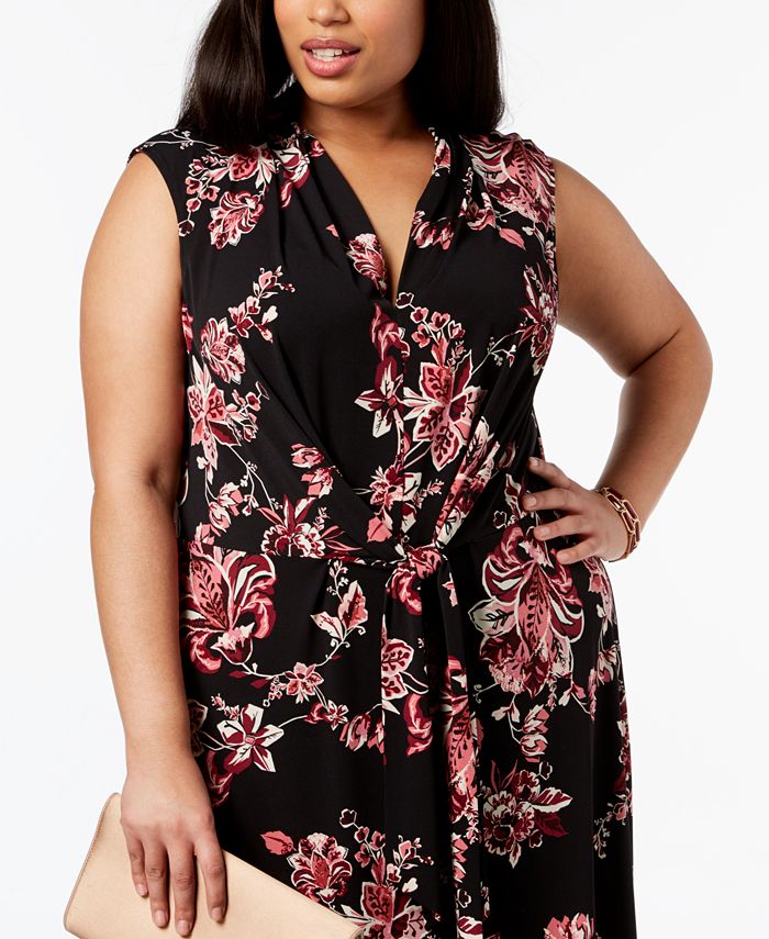Connected Plus Size Printed Tie-Front Dress - Macy's