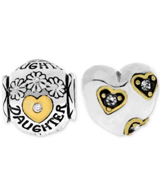 Two-Tone 2-Pc. Set Cubic Zirconia Floral Daughter & Heart Bead Charms in Sterling Silver 