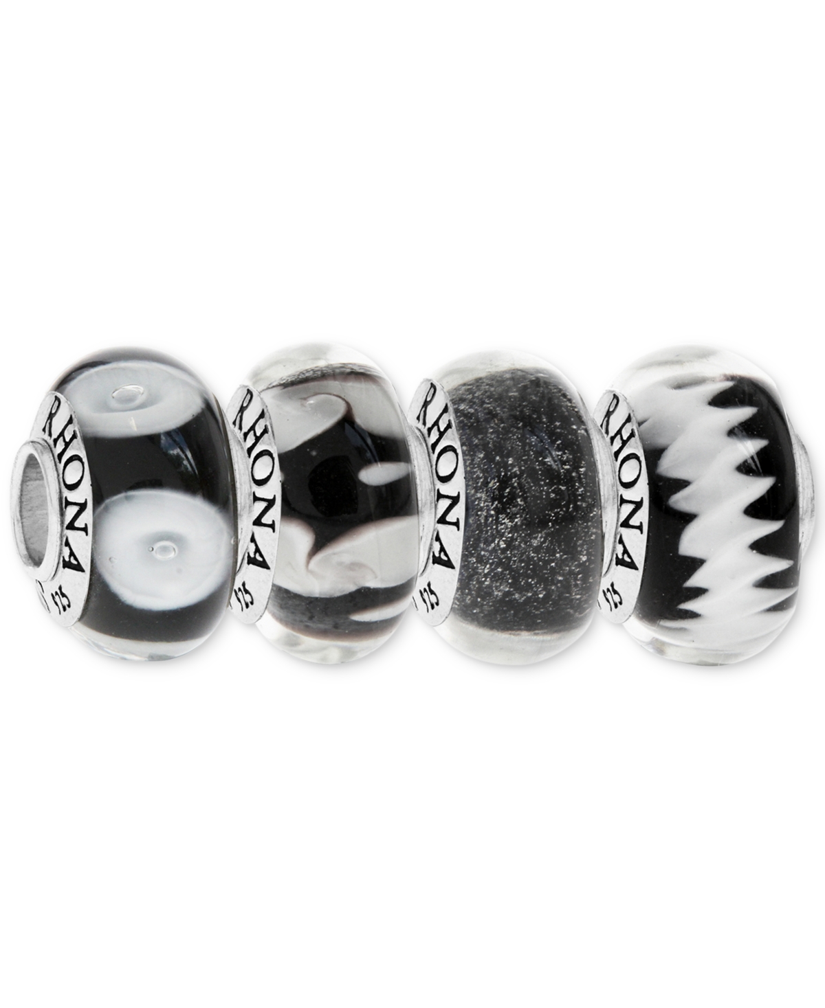 4-Pc. Set Painted Glass Bead Charms in Sterling Silver - Black
