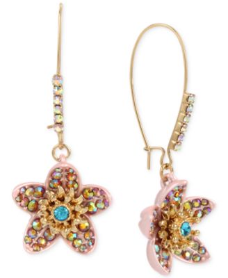 Betsey Johnson Gold-Tone Multi-Stone Flower Drop Earrings - Macy's