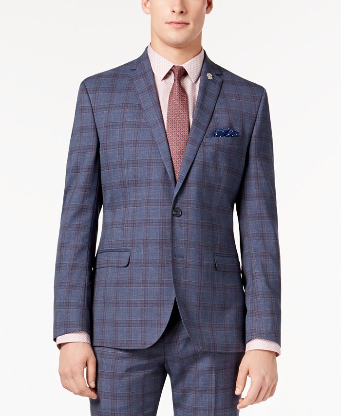 Nick Graham Men's Slim-Fit Stretch Denim Blue Plaid Suit - Macy's