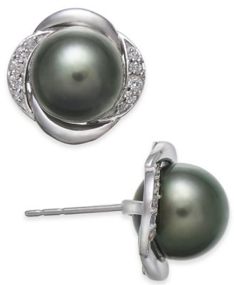Cultured Tahitian Pearl (8mm) & Diamond (1/8 ct. t.w.) Stud Earrings in 14k White Gold