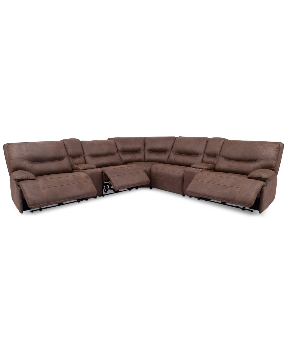 Closeout! Felyx 133" 7-Pc. Fabric Sectional Sofa With 3 Power Recliners, Power Headrests, 2 Consoles And Usb Power Outlet - Light Brown