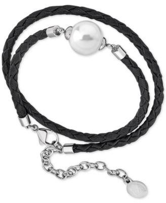 Majorica - Silver-Tone Imitation Pearl Braided Leather Double-Wrap Bracelet