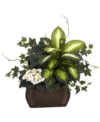 Nearly Natural - African Violet, Dieffenbachia & Ivy Artificial Plants in Chest Planter