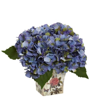 Nearly Natural Blue Hydrangea Artificial Arrangement With Floral Planter