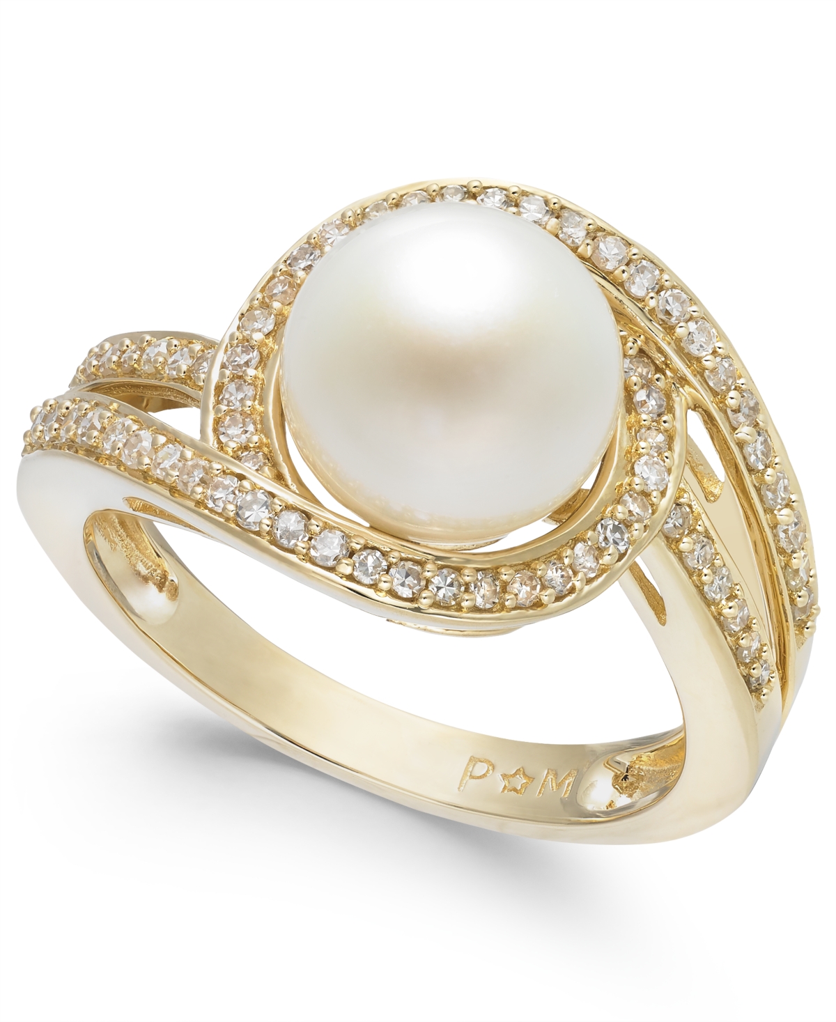White Cultured Freshwater Pearl (9mm) and Diamond (1/3 ct. t.w.) Swirl Ring in 14k White Gold (Also Available in 14k& 14k Rose Gold) - Ye