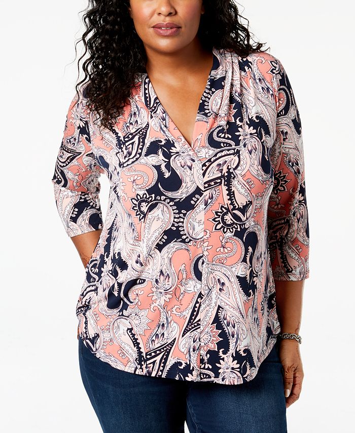 Charter Club Plus Size Printed Pleated-Neck Top, Created for Macy's ...