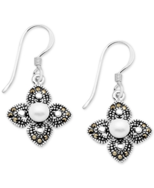 image of Freshwater Pearl (4mm) & Marcasite Flower Drop Earrings in Fine Silver-Plate