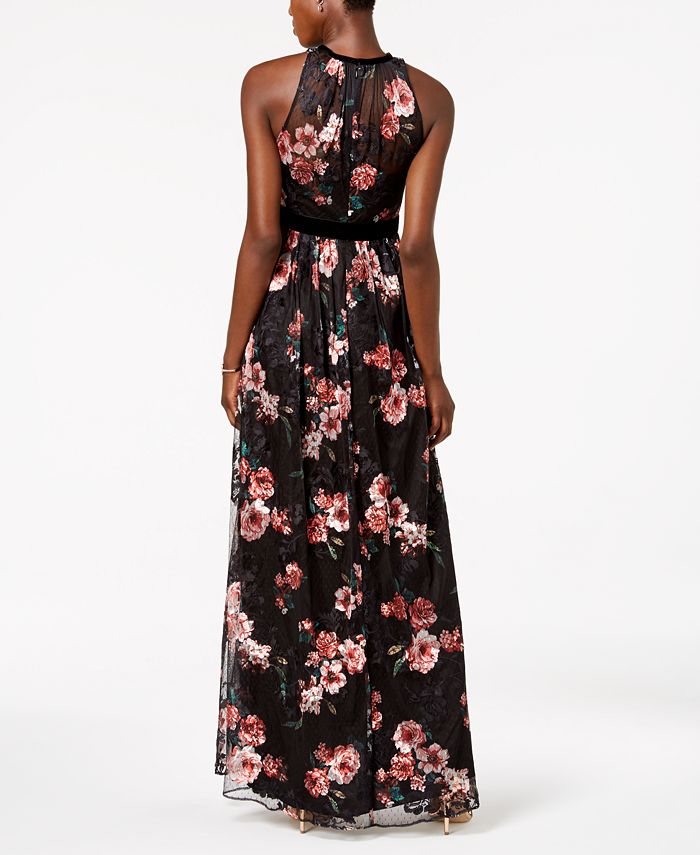 Adrianna Papell Embroidered Velvet-Trim Gown - Macy's