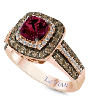 image of Le Vian Raspberry Rhodolite Garnet (1 ct. t.w.) and White and Chocolate Diamonds (3/4 ct. t.w.) Square Statement Ring in 14k Rose Gold