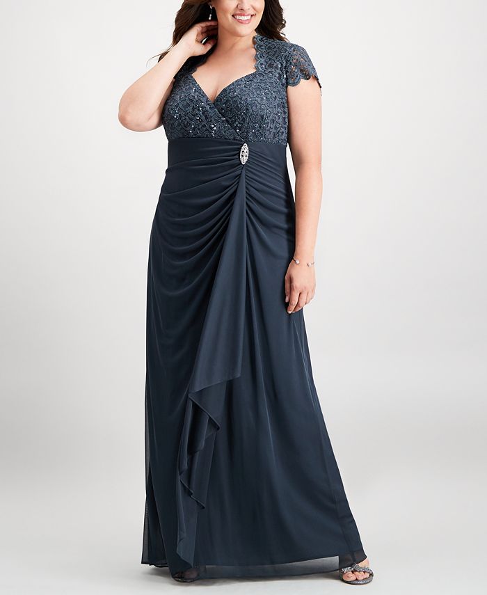 Betsy & Adam Plus Size Sequined-Lace Ruched Gown - Macy's