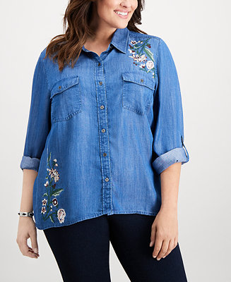Style & Co Plus Size Embroidered Denim Shirt, Created for Macy's - Macy's
