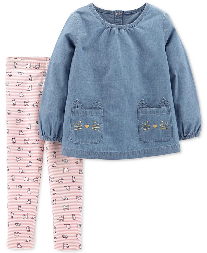 Carter's Baby Girls 2-Pc. Chambray Kitty Outfit Set - Macy's