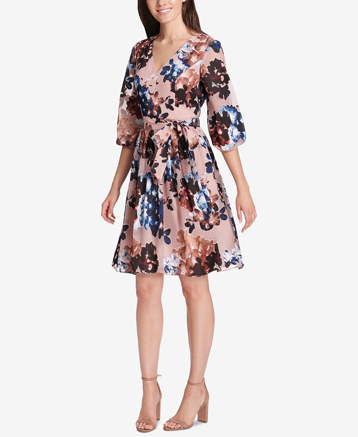 Vince Camuto Women's Belted Floral Print Fit & Flare Dress Blue Size 8