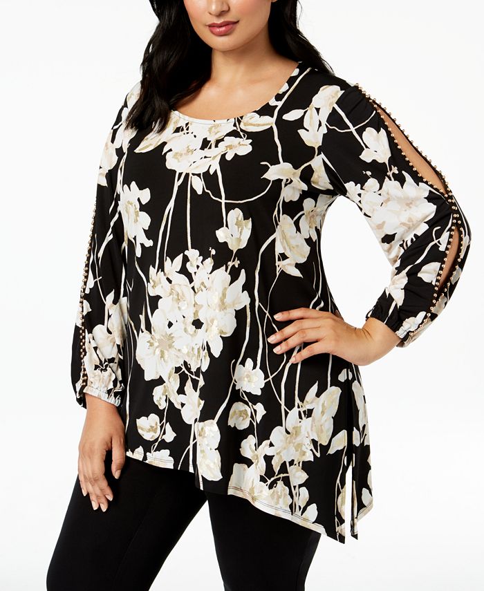 JM Collection Plus Size Floral-Print Split-Sleeve Tunic Top, Created ...