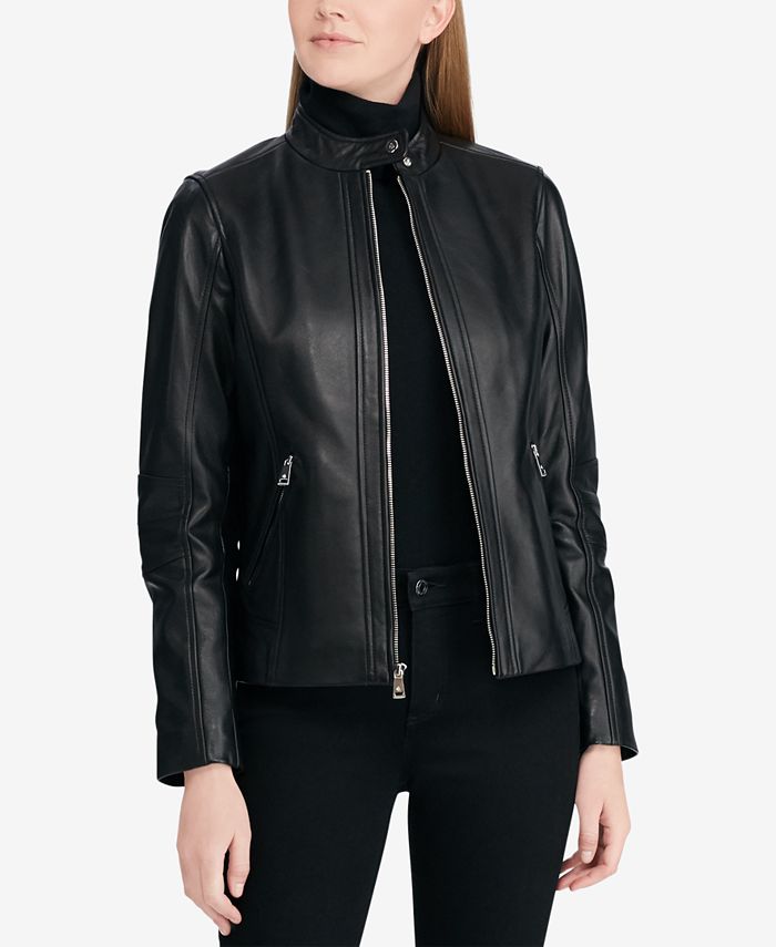 Lauren Ralph Lauren Zip-Front Leather Moto Jacket & Reviews - Coats ...