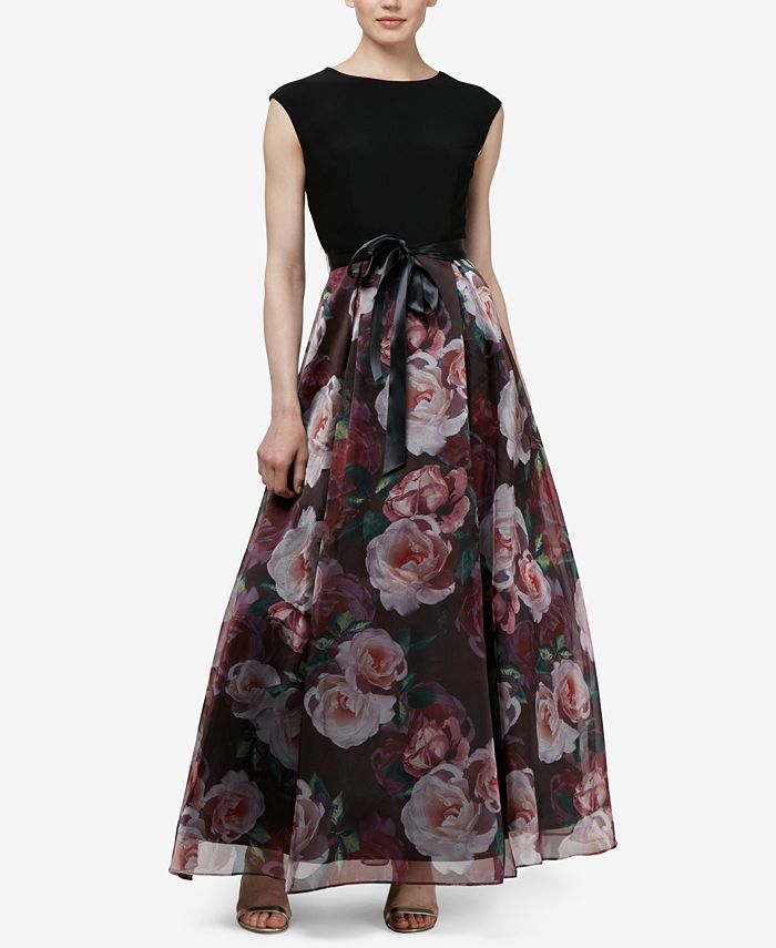 SL Fashions Solid & Floral Sash-Belt Gown - Macy's