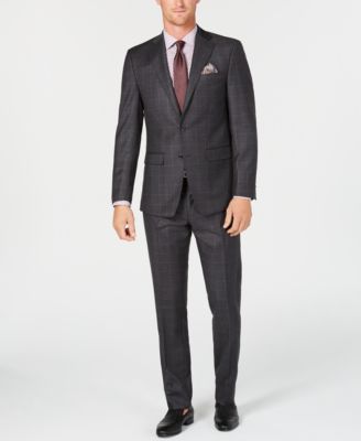Tallia - Men's Slim-Fit Stretch Charcoal/Burgundy Windowpane Wool Suit