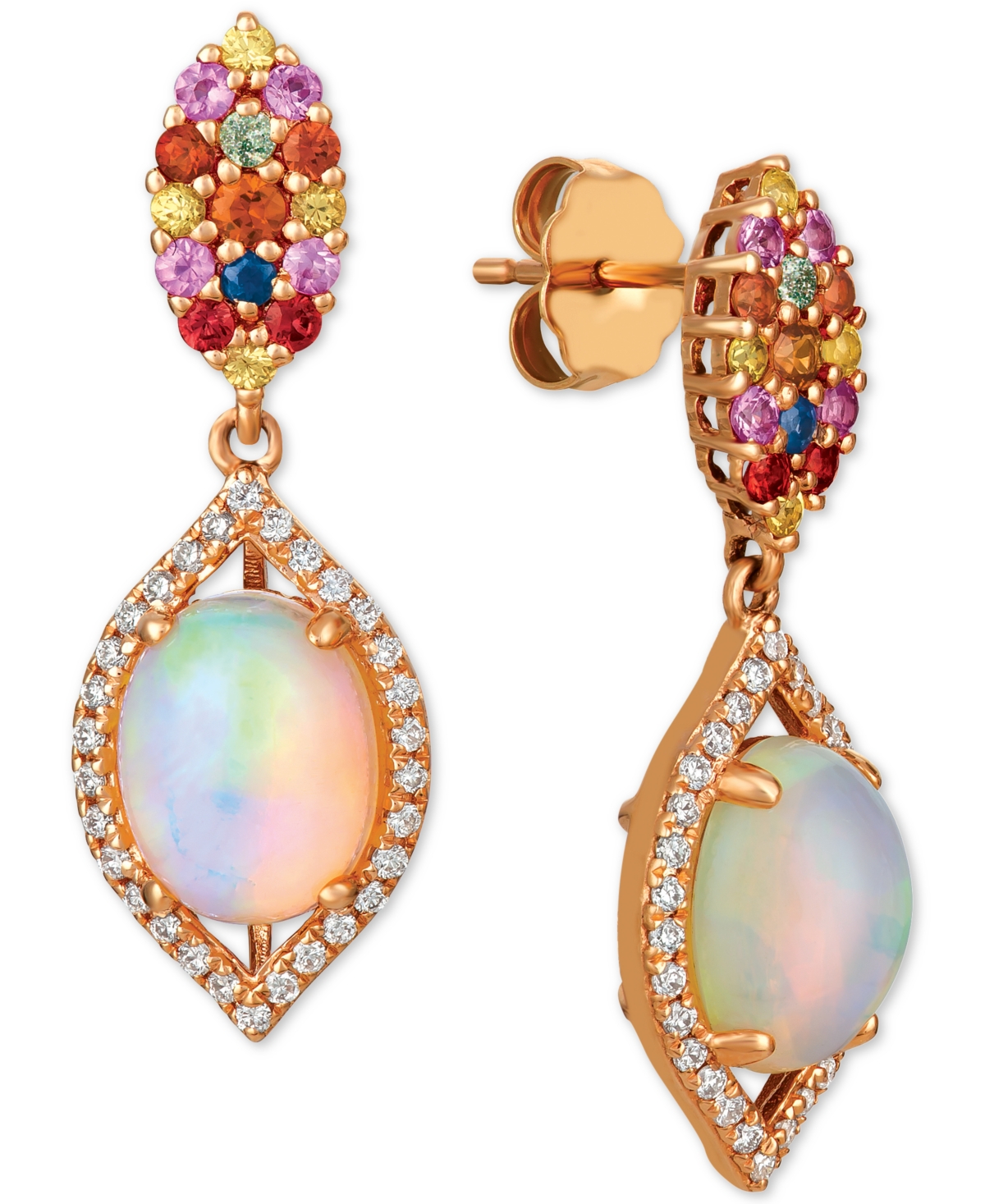 Opal (1-5/8 ct. t.w.), Multi-Sapphire (1/2 ct. t.w.) and Diamond (1/4 ct. t.w.) Drop Earrings in 14k Rose Gold - Opal