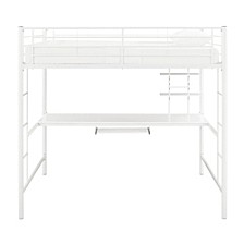 Premium Metal Full Size Loft Bed with Wood Workstation - White